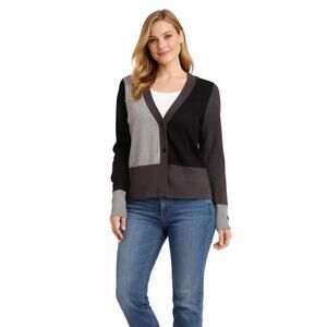 LR610 Womens Size S Colorblock Cardigan Black Gray Button Front